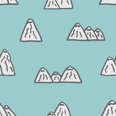 Vektör Dikişsiz desen serbest çizilmiş karikatür dağlar taşlarla yapılmış mavi zemin üzerine çocuk çocukça tarzında