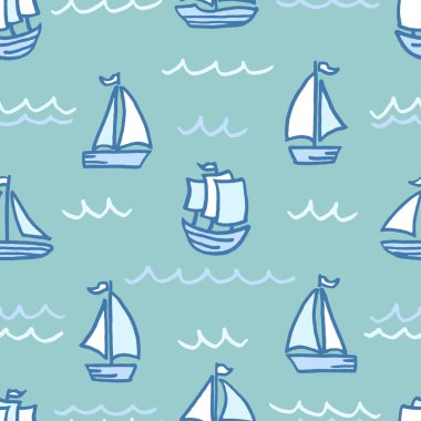 Serbest çizilmiş karikatür deniz okyanus ile Dikişsiz desen vektör yelken tekne dalgalar çocuk çocukça Stil Açık Camgöbeği arka planı üzerinde yapılan taşıma gemileri yelken