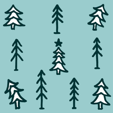 Vektör çizim set farklı şekiller serbest çizilmiş karikatür ağaçlar çam ağaçları çocuk çocukça tarzı yaptı