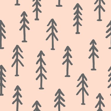 Vektör çocuk çocukça Stil bej renkli arka plan üzerinde yapılan serbest çizilmiş karikatür köknar ağaçları ile seamless modeli