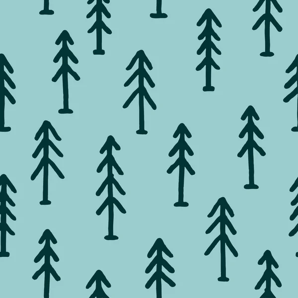 Vektör yeşil zemin üzerine çocuk çocukça tarzında yapılmış serbest çizilmiş karikatür köknar ağaçları ile seamless modeli