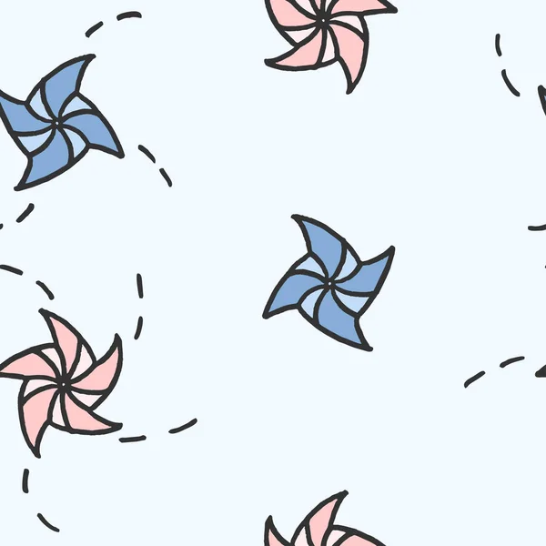 Açık mavi renkli çocuk çocukça tarzında yapılmış üzerinde bulutlar vektör Serbest çizilmiş karikatür yel değirmenleri ile seamless modeli izler