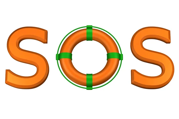 Concept : mot SOS avec bouée de sauvetage. rendu 3D . — Photo