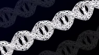 Beyaz Dna molekülü hücresel yapısı siyah ve koyu mavi arka plan üzerinde arkanı dön. Loopable. Luma mat. 3D render.
