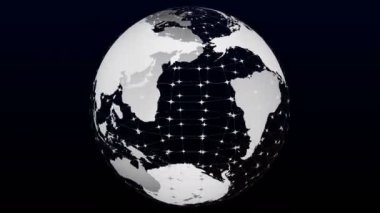 Planet Earth şeffaf modeli siyah ve koyu mavi arka plan üzerinde arkanı dön. Loopable. Luma mat. 3D render.