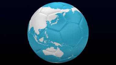 Futbol topu Dünya gezegeni olarak siyah ve koyu mavi arka plan üzerinde arkanı dön. Loopable. Luma mat. 3D render.