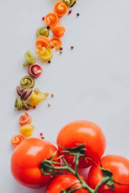 Arka plan ile renkli makarna, domates, baharatlar. metin için yer