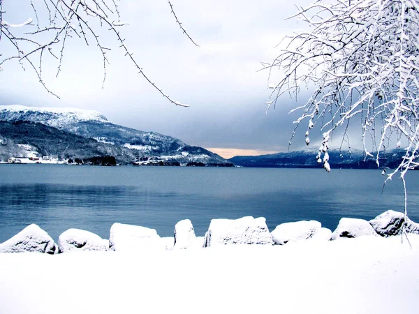 Un fiordo noruego en invierno con nieve, adecuado para ser utilizado como fondo — Foto de Stock