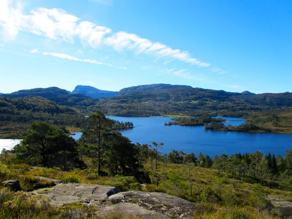 En norsk panorama i sommar med skog, blå himmel och en fjord — Stockfoto