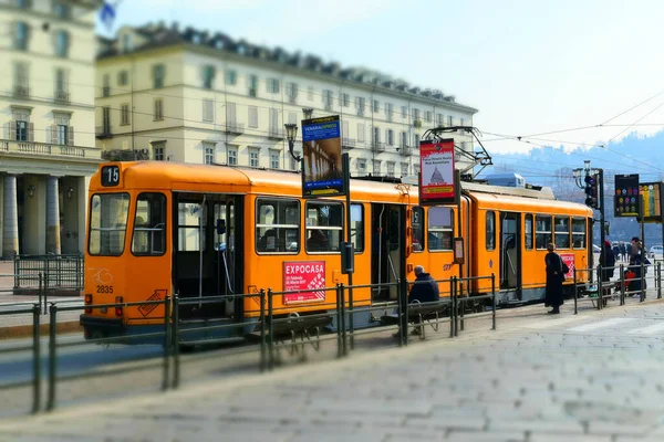 Torino Italy Circa February 2017 Old Orange Tram Bus Stop — Stock Photo, Image