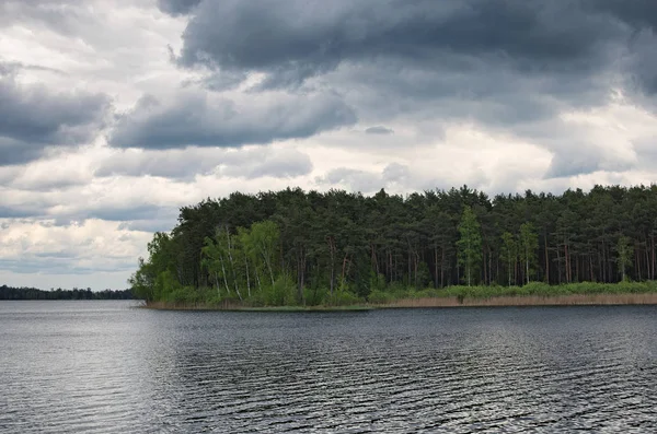 Γκρίζα σύννεφα της καταιγίδας πάνω από το δάσος και τη λίμνη. Pisochne οζέρο. Βόλιν Λουτσκ περιοχή. Ουκρανία — Φωτογραφία Αρχείου