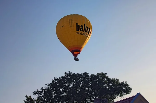 Telč, Tjeckien den augusti 25, 2017: En het ballong över det stora trädet och taket av huset — Stockfoto