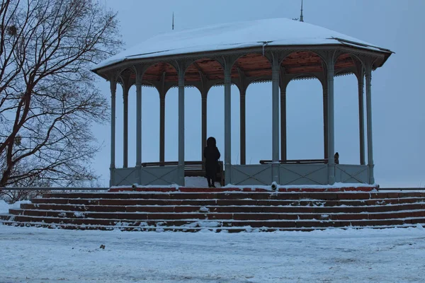 Woman is looking into the distance in vintage pavilion on the Vladimir Hill, é um dos melhores parques em Kiev, Ucrânia. Vista da manhã de inverno — Fotografia de Stock