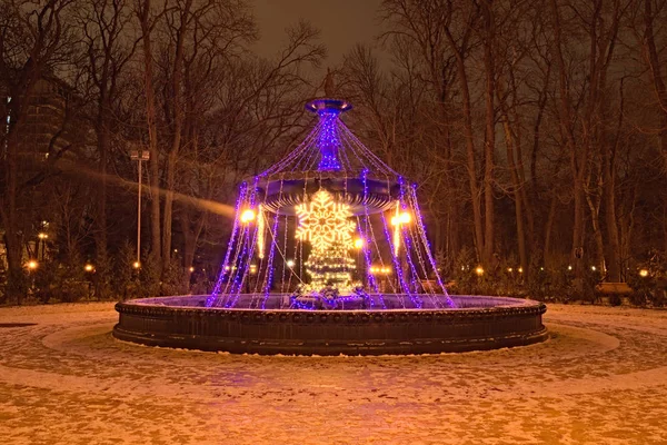 La fuente está decorada con guirnalda iluminada en el Parque Mariinsky Kiev Ucrania. Mañana de invierno — Foto de Stock