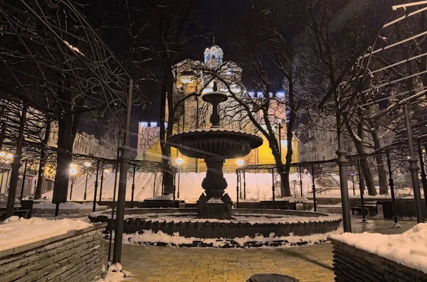 Урожай фонтан у маленький парк біля Золотих воріт в зимову ніч. Київ, Україна — стокове фото