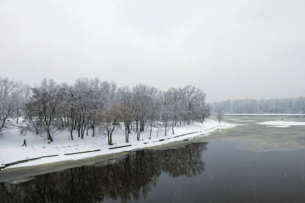 Paisagem de inverno do rio Dnipro e parque na margem. A neve cobre os brunches e o chão da árvore. Kiev, Ucrânia — Fotografia de Stock