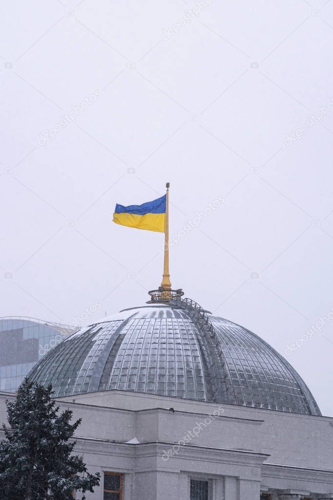 Ukrainian flag waving over Parliament (Verkhovna Rada of Ukraine) in Kiev, Ukraine. Snowfall morning