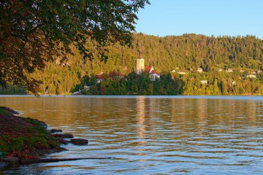 Sabahın erken saatlerinde Bled Gölü (Blejsko Jezero) ile Maria 'nın Küçük Ada' da Hacı Kilisesi 'nin manzarası görülür. Slovenya 'da halk seyahati 