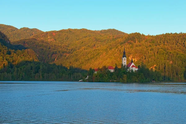 Fenséges őszi reggeli táj a Bled-tónál (Blejsko Jezero) a Mária Mennybemenetele zarándoktemplommal. Híres turisztikai hely és romantikus úti cél Szlovéniában — Stock Fotó