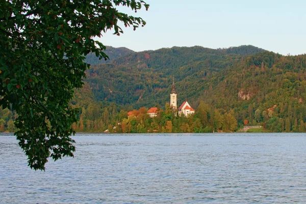 Vista ensolarada da manhã de outono do Lago Bled (Blejsko Jezero) com a Igreja de Peregrinação da Assunção de Maria. Famoso lugar turístico e destino de viagem romântico na Eslovénia — Fotografia de Stock
