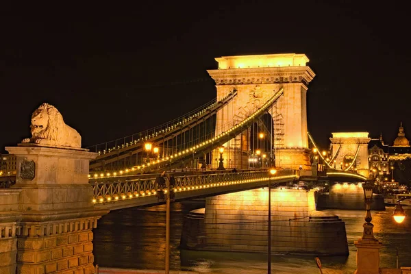 Széles látószögű éjszakai tájkép a megvilágított Lánchídról. Gyönyörű szobor oroszlánról és ősi lámpásról. Romantikus és békés jelenet. Budapest, Magyarország — Stock Fotó