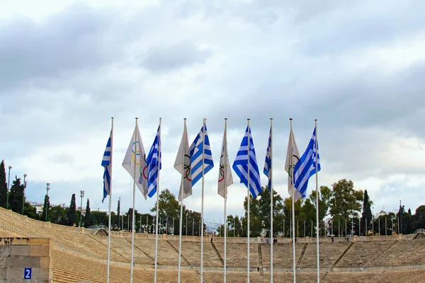 Hellas Flagg Olympiske Leker Vinker Panathenaic Stadium Bakgrunnen Det Var – stockfoto