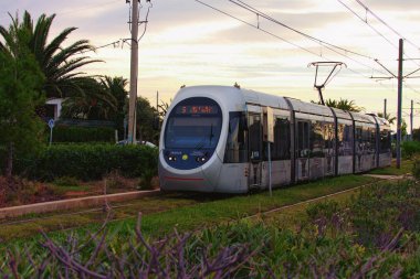 Atina, Yunanistan-Ocak 01.2020: Glyfada caddesinde şehir tramvayı (şerit 5). Arka planda palmiye ağaçları var. Glyfada, Atina Riviera 'da yer alan bir banliyö.