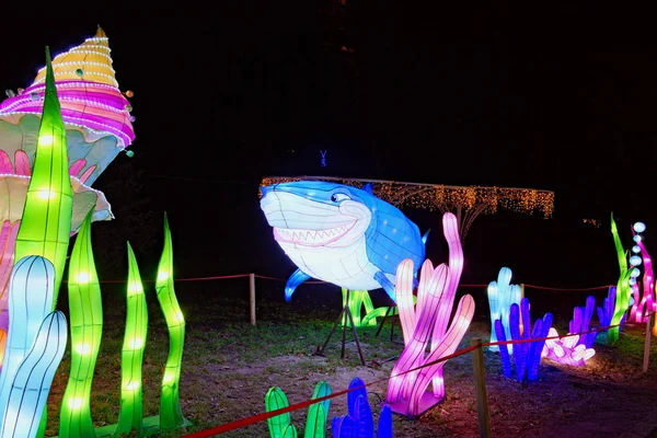Kiev, Ucrania-25 de enero de 2020: Asombrosa instalación de vida marina con grandes tiburones y diferentes plantas marinas. Figuras iluminadas por muchas linternas durante el Festival de las linternas chinas — Foto de Stock