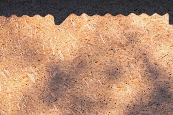 Close-up view of a plywood surface with black meandering shadow from the roof.  black leaf shadow on a brown plywood surface. Abstract background, plywood texture.