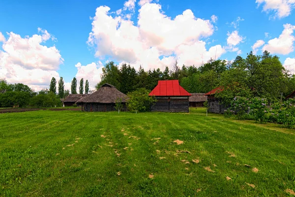 Picturesque Spring Landscape Museum Folk Architecture Life 뭉게구름으로 하늘에 우크라 — 스톡 사진