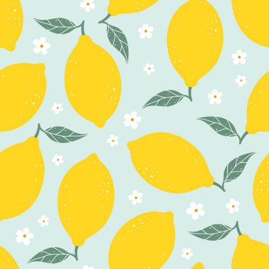 Limon açık mavi renkli çiçekler ile seamless modeli. Vektör çizim