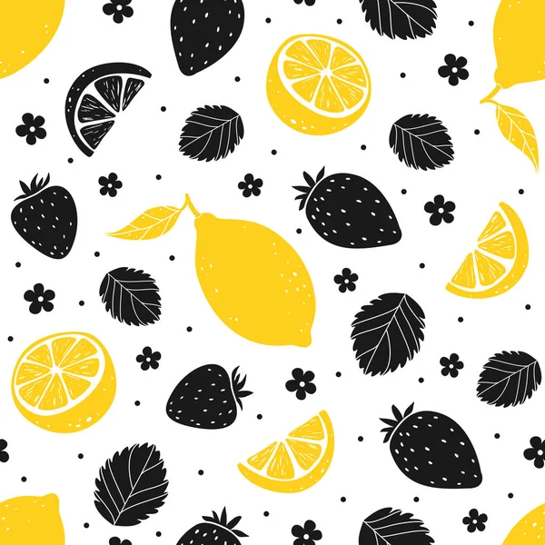 Patrón sin costuras de fresa y limón en colores amarillo y negro. Ilustración vectorial — Vector de stock