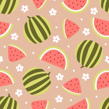 Karpuz şeftali arka plan üzerinde çiçekler ile seamless modeli. Vektör çizim