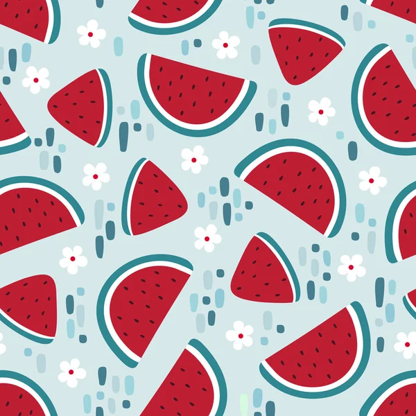 Watermelon seamless pattern with stains and flowers. Vector illustration — Stock Vector