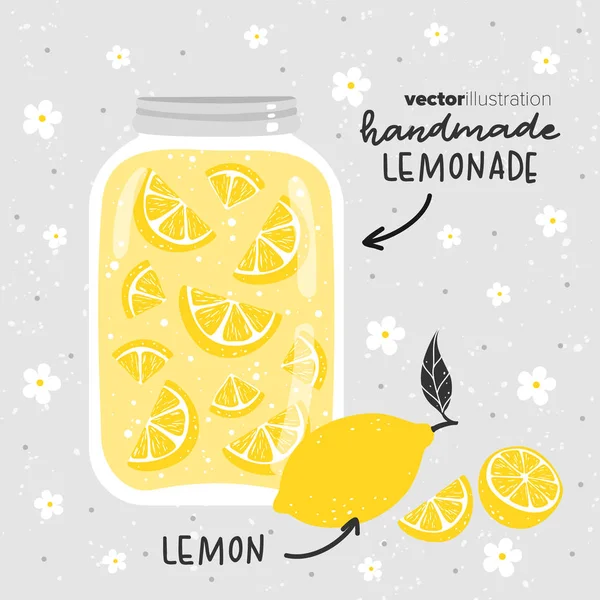 Limonata con limoni in vaso di vetro. Illustrazione vettoriale . — Vettoriale Stock