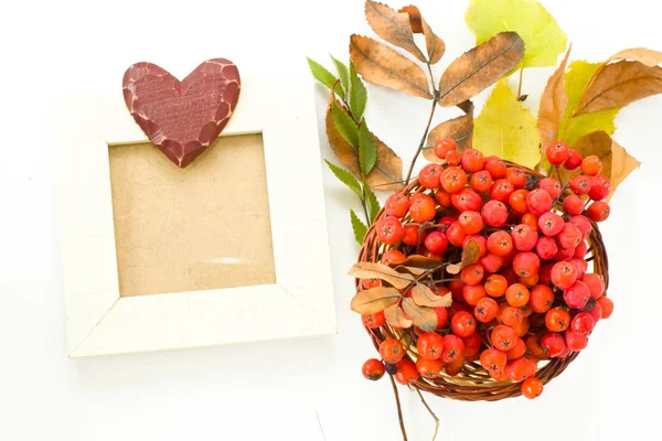 Frames made of wood. Branches of a mountain ash in the basket. — Stock Photo, Image