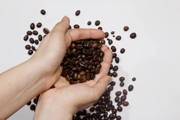 Coffee beans in a female hand. — Stock Photo, Image