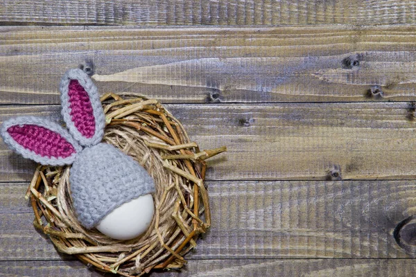 Œufs de Pâques dans le nid. Œuf en casquette de lapin de Pâques . — Photo