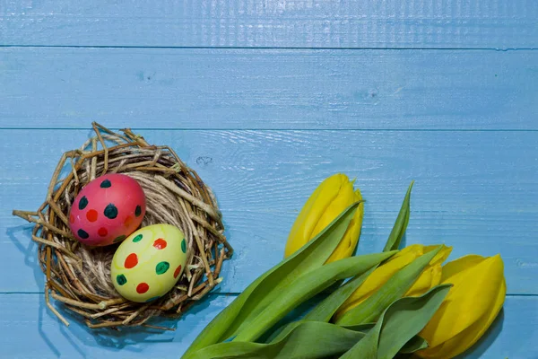 Œufs de Pâques dans le nid Œufs peints. Un bouquet de tulipes jaunes — Photo