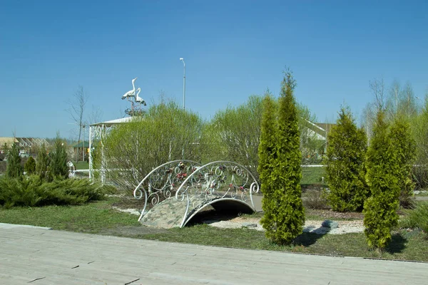 Vita puckelryggig iron bridge i parken. — Stockfoto