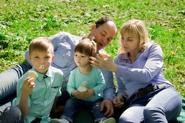Семья из четырех человек ест мороженое на открытом воздухе . — стоковое фото