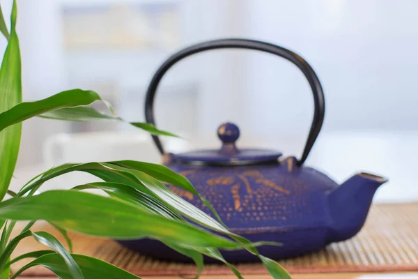 Blue Chinese cast iron teapot. Tea drinking. — Stock Photo, Image