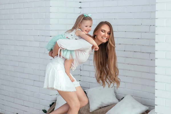 Mom Daughter Have Fun Together Mom Rides Her Daughter Her — Stock Photo, Image