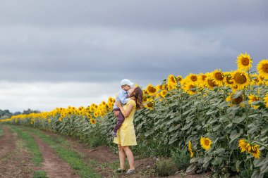 Anne ve oğlu ayçiçeği tarlasında vakit geçiriyorlar. Kırsal alan, Rusya.