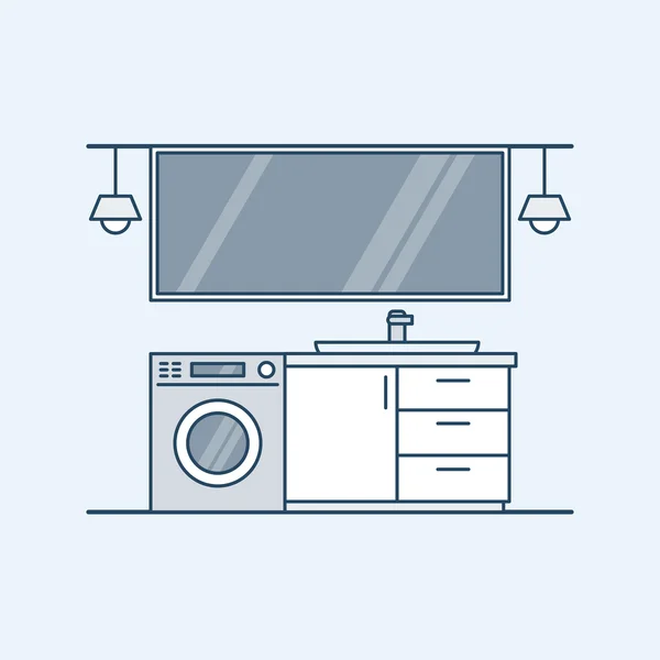 Interior moderno de uma casa de banho com máquina de lavar roupa e pia. Um grande espelho e lâmpadas. Ilustração vetorial em estilo linear, isolada sobre fundo cinzento . — Vetor de Stock