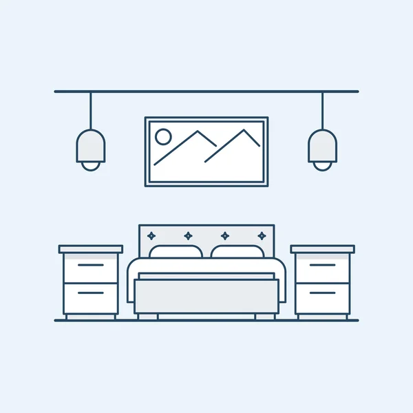 Moderne slaapkamer met een tweepersoons bed en nachtkastjes. De grote foto aan de wand en verlichting. Vectorillustratie in een lineaire stijl, geïsoleerd op een grijze achtergrond. — Stockvector