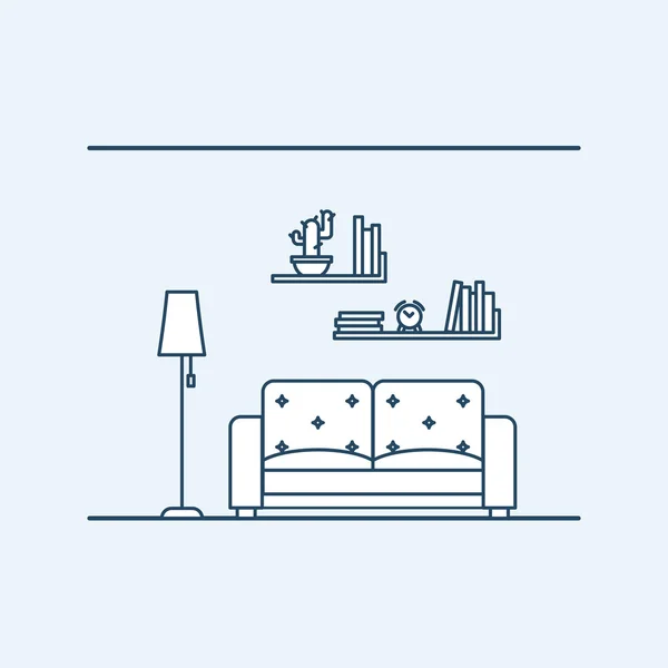 Diseño interior moderno de vivir en un apartamento o casa. La lámpara junto a un cómodo sofá. Estanterías con reloj y planta. Ilustración vectorial en estilo lineal, aislada sobre fondo gris . — Vector de stock