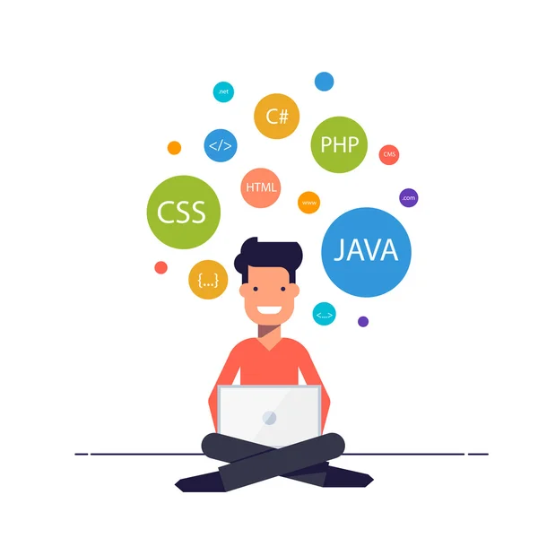 Hombre sentado con un portátil en sus pies y ha estado programando. Freelancer está desarrollando una aplicación o sitio web. El estudio de la tecnología informática. Banner para formación o seminarios web . — Vector de stock