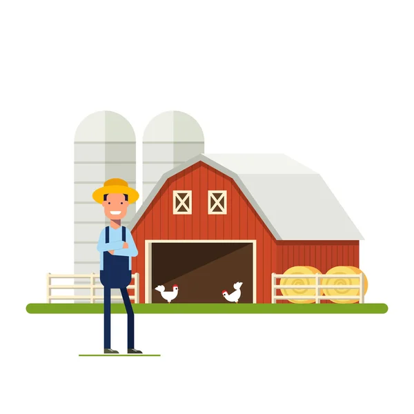 Flacher glücklicher Bauer, der neben einem Hof steht. Stall mit Hühnern und Heu. Ein Mann mit Strohhut vor der Kulisse landwirtschaftlicher Gebäude. Lagerung von Getreide. ein Mitarbeiter im Garten oder auf der Plantage. — Stockvektor