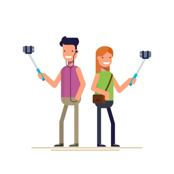 Garçon et fille font des photos selfie sur un smartphone. Bâton pour prendre une photo avec votre téléphone. Des gens heureux. Illustration vectorielle dans un style plat isolé sur fond blanc . — Image vectorielle